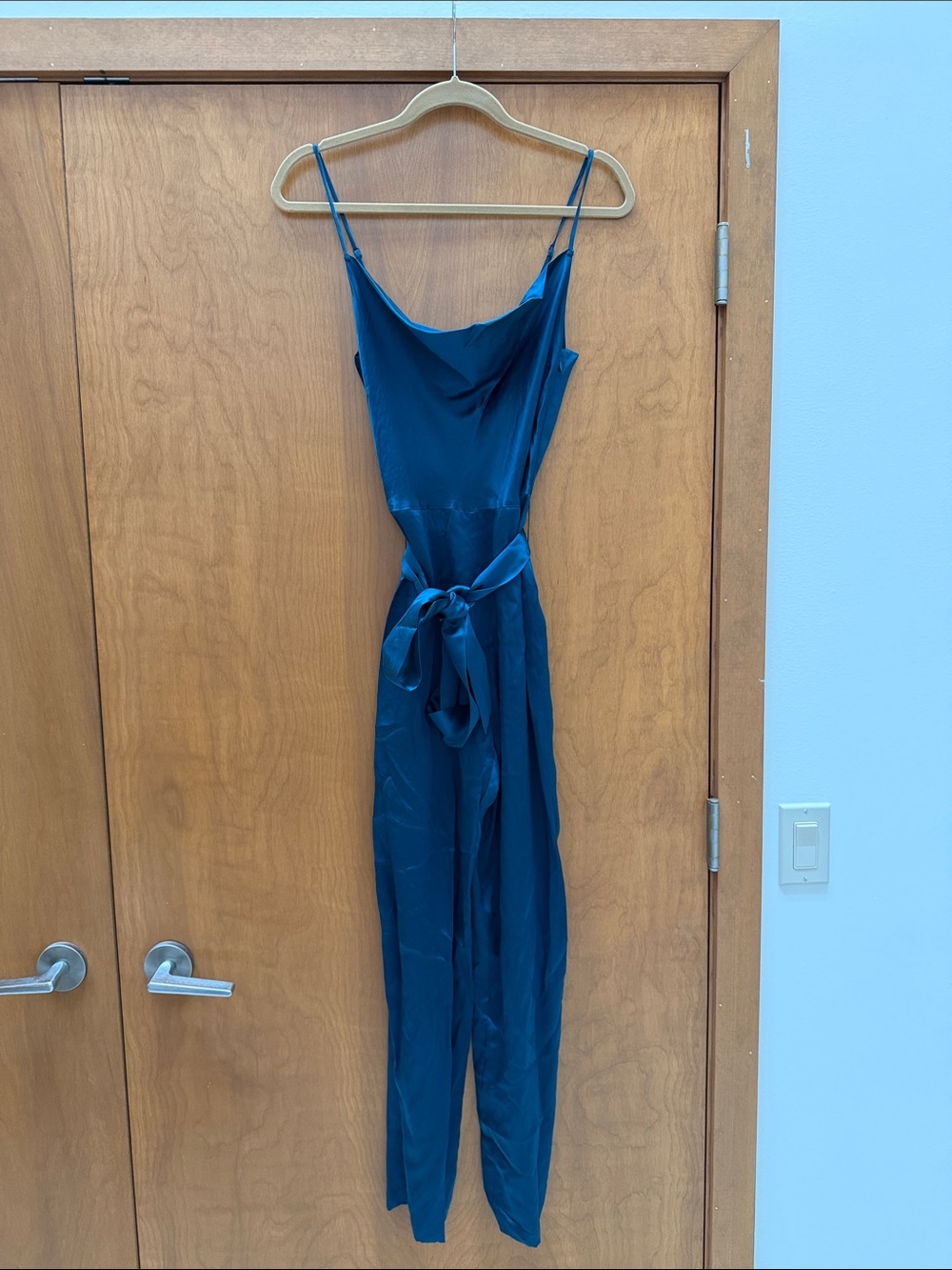 INTERMIX Teal Satin Cowl-Neck Jumpsuit with Waist Tie